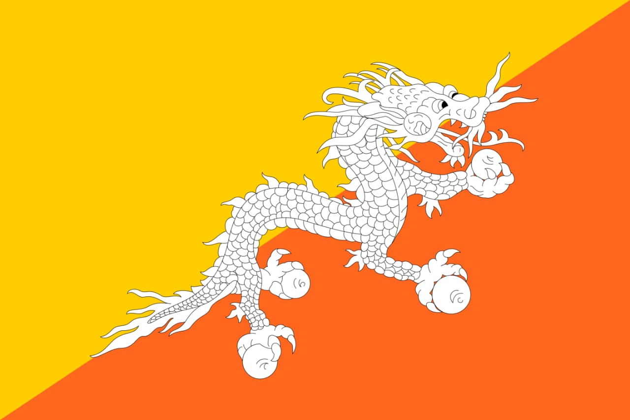 Flag of Bhutan with yellow and orange diagonally divided background with dragon